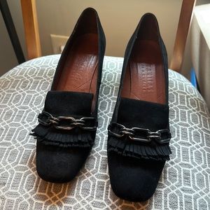 Hispanitas Pandora Black Suede Loafer Chain Detail & Block Heel 9 Color: Black